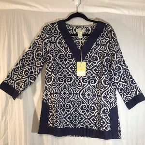 Caribbean Joe 3/4 Sleeve Damask Boarder Top